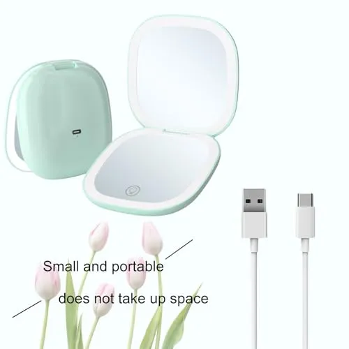 YABAHU Makeup Mirror with Lights - Dual-Sided Green LED Pocket Mirror, 1X/5X Magnifying Travel Mirror, 3 Light Modes, Rechargeable Handheld Mirror for On-The-Go Makeup, Grooming, and Gifts