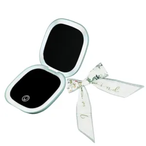 YABAHU Makeup Mirror with Lights - Dual-Sided Green LED Pocket Mirror, 1X/5X Magnifying Travel Mirror, 3 Light Modes, Rechargeable Handheld Mirror for On-The-Go Makeup, Grooming, and Gifts