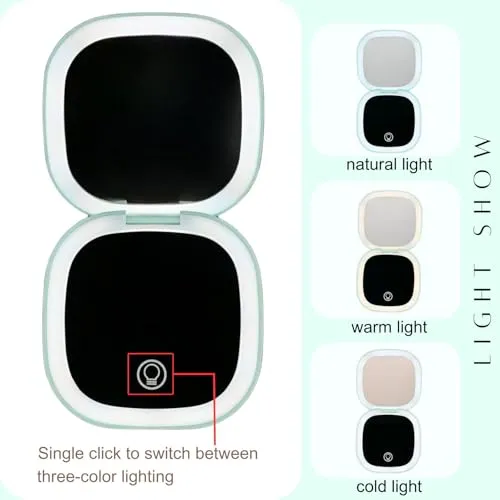 YABAHU Makeup Mirror with Lights - Dual-Sided Green LED Pocket Mirror, 1X/5X Magnifying Travel Mirror, 3 Light Modes, Rechargeable Handheld Mirror for On-The-Go Makeup, Grooming, and Gifts