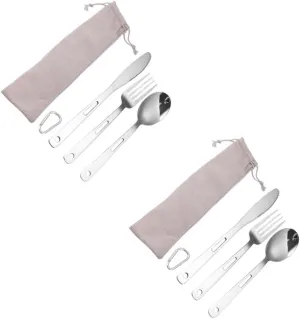 Yardwe 2sets Portable Camping Cutlery Stainless Steel Outdoor Tableware Fork Spoon Cutter Carrying Bag for Bbq Picnic Hiking and Camping Activities