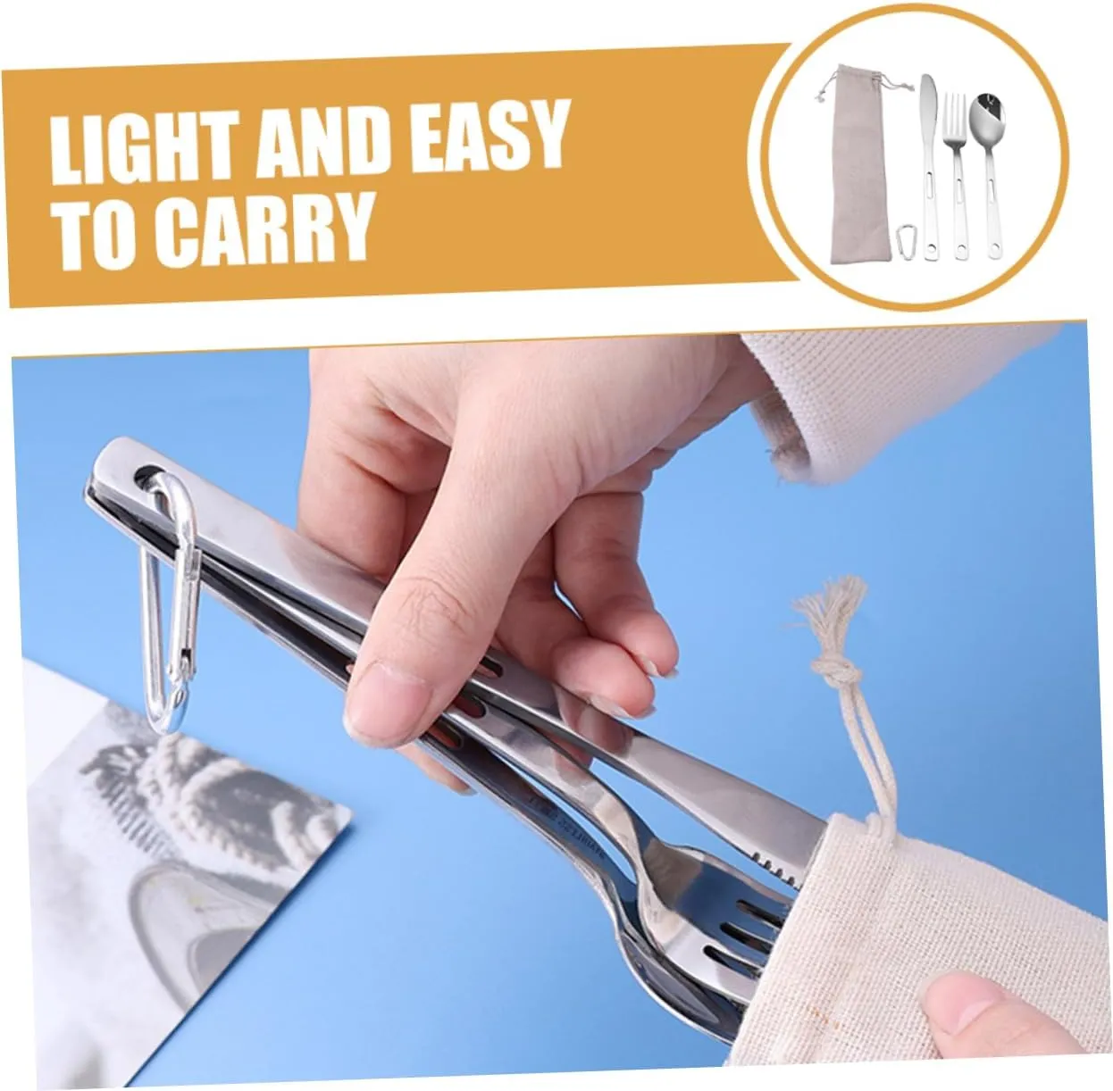 Yardwe 2sets Portable Camping Cutlery Stainless Steel Outdoor Tableware Fork Spoon Cutter Carrying Bag for Bbq Picnic Hiking and Camping Activities