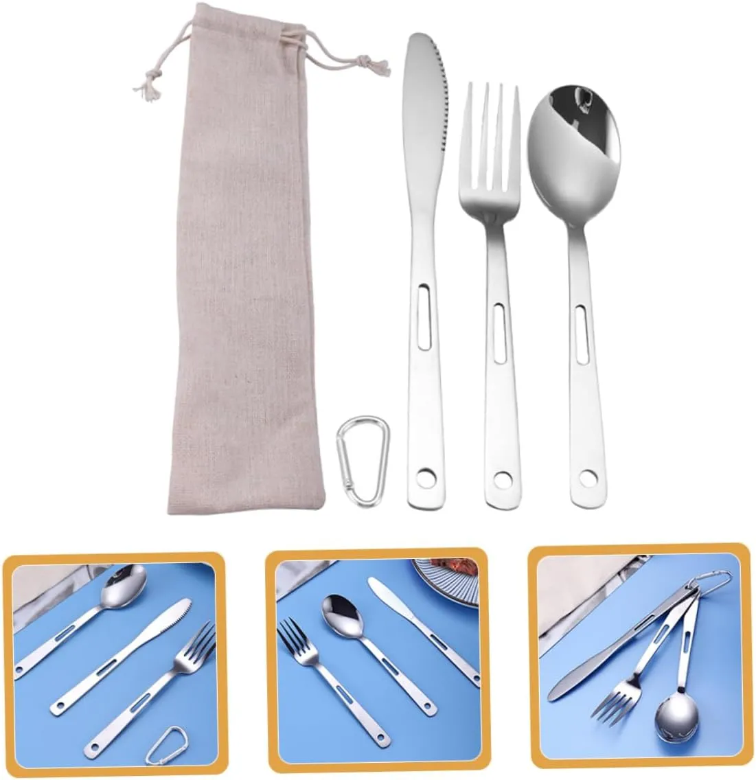 Yardwe 2sets Portable Camping Cutlery Stainless Steel Outdoor Tableware Fork Spoon Cutter Carrying Bag for Bbq Picnic Hiking and Camping Activities