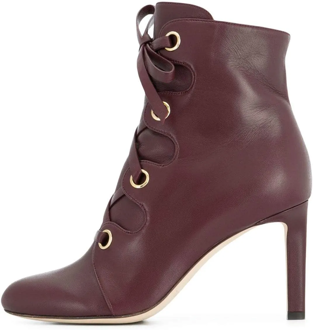 YDN Women Classic Closed Round Toe Ankle Boots Lace Up Thick High Heels Cross Straps Formal Shoes