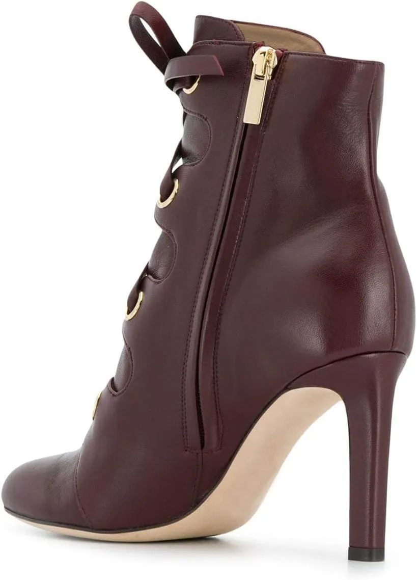 YDN Women Classic Closed Round Toe Ankle Boots Lace Up Thick High Heels Cross Straps Formal Shoes