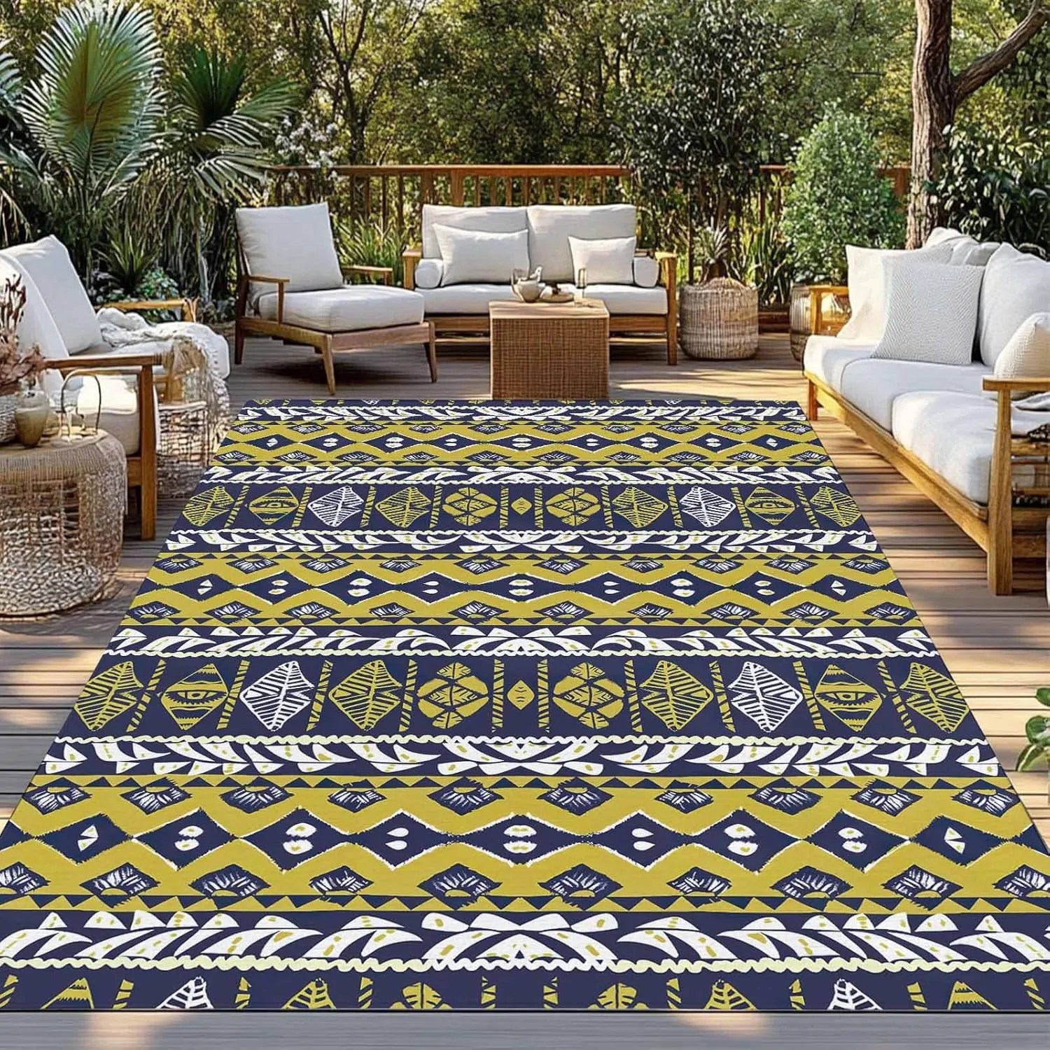 Yellow Aztec Outdoor Rug 4x6ft Large Patio Rug,Washable RV Camping Outside Area Runner Rug Mat,Southwest Geometric Antique Oriental Stripes Carpet for Picnic Backyard Deck Porch Balcony Beach Indoor