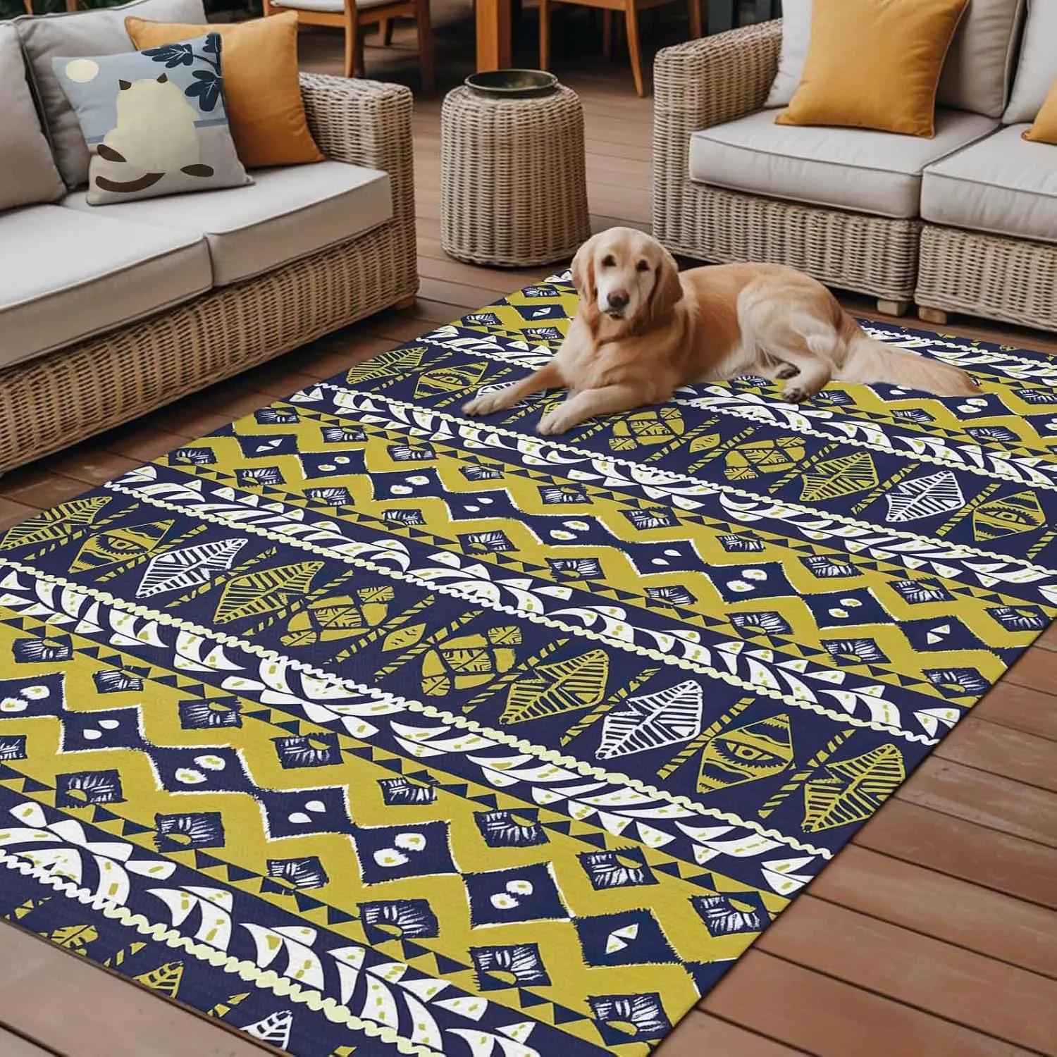 Yellow Aztec Outdoor Rug 4x6ft Large Patio Rug,Washable RV Camping Outside Area Runner Rug Mat,Southwest Geometric Antique Oriental Stripes Carpet for Picnic Backyard Deck Porch Balcony Beach Indoor