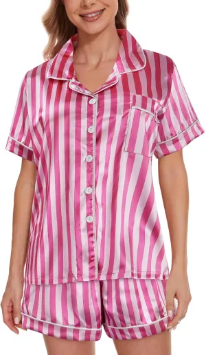 YIJIU Womens Silk Satin Pajamas Set Short Sleeve Sleepwear Soft Button Down Loungewear Two-piece Pjs Sets XS-XXL