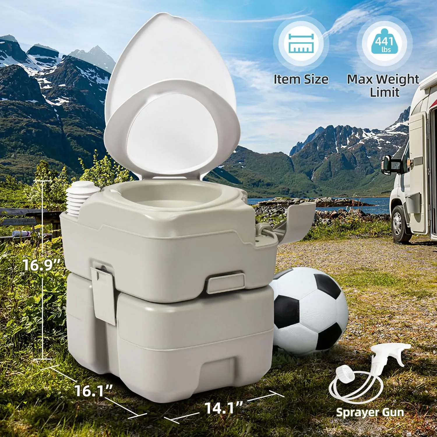 YITAMOTOR 5.3 Gal Portable Toilet for Camping, RV Toilet with Diagonal Elongated Bowl Seat, Porta Potty with Hand Sprayer, Leak-Proof for Adults, RV Travel, Hospital, Boat, Trip, Home