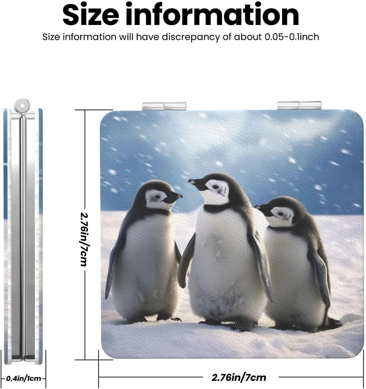 Young Penguins with Snow Printed Square Pocket Makeup Mirror with 1X/2X Magnification, Portable Mini Travel Makeup Mirror for Travel Daily Work Beauty