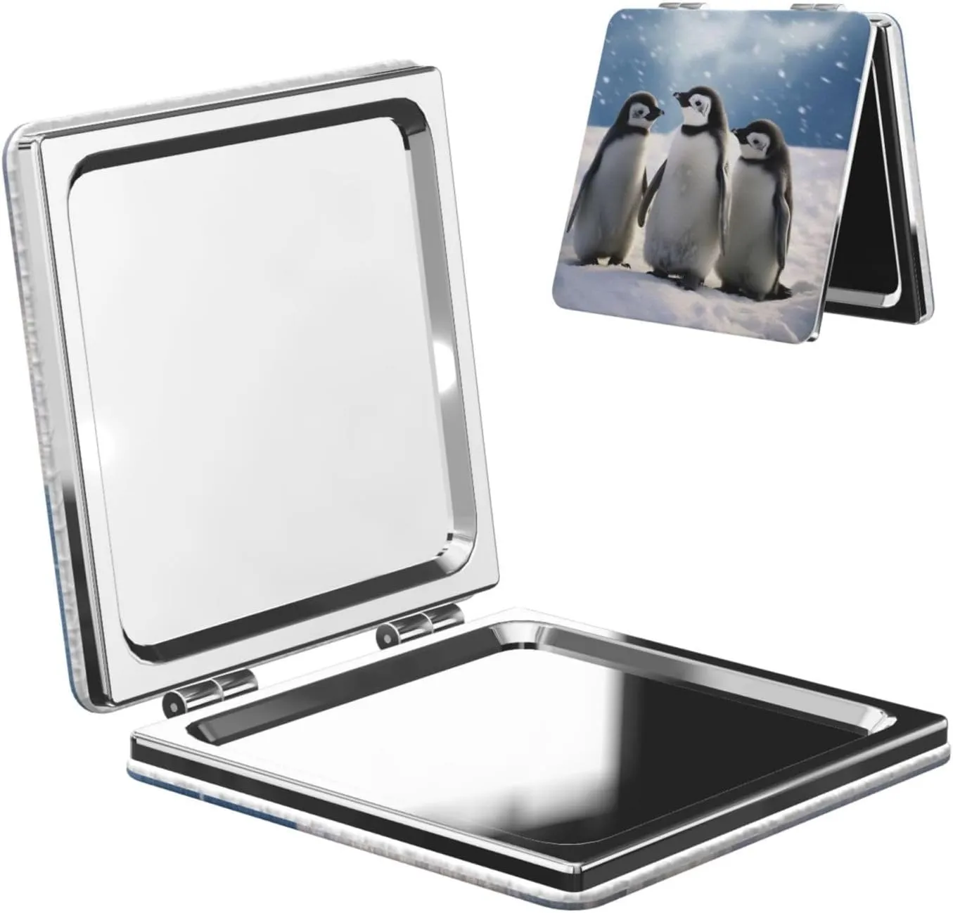 Young Penguins with Snow Printed Square Pocket Makeup Mirror with 1X/2X Magnification, Portable Mini Travel Makeup Mirror for Travel Daily Work Beauty