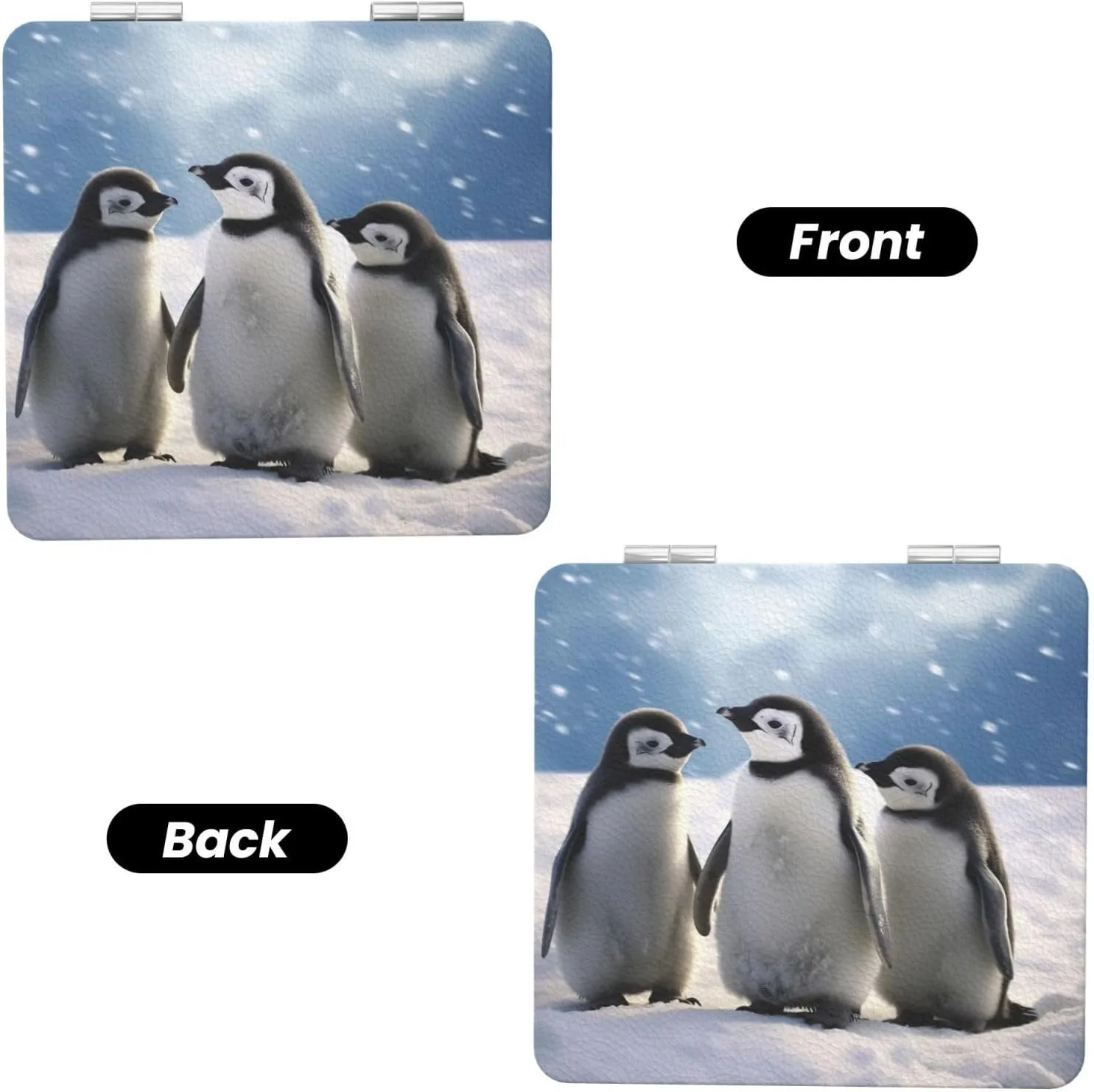 Young Penguins with Snow Printed Square Pocket Makeup Mirror with 1X/2X Magnification, Portable Mini Travel Makeup Mirror for Travel Daily Work Beauty