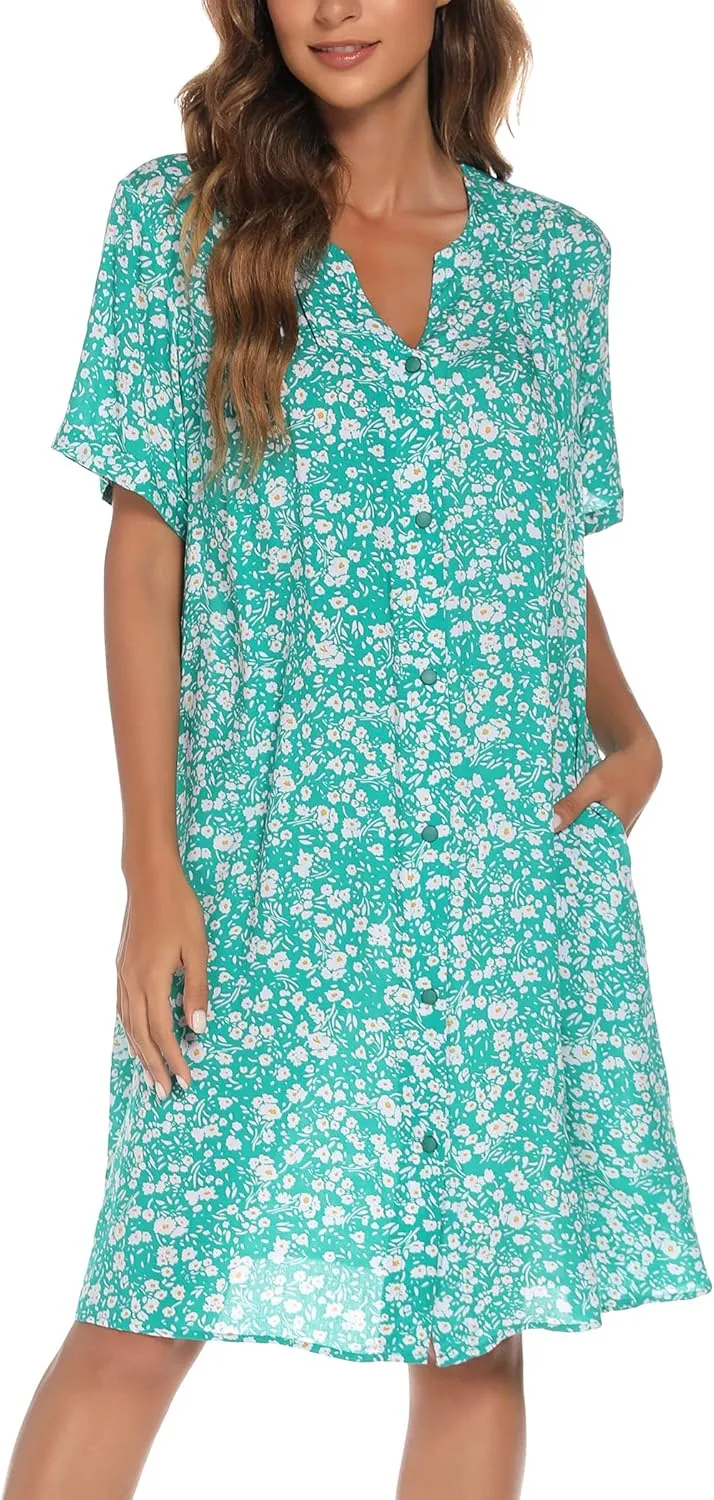 YOZLY House Dress Women Cotton Duster Robe Short Sleeve Housecoat Button Down Nightgown
