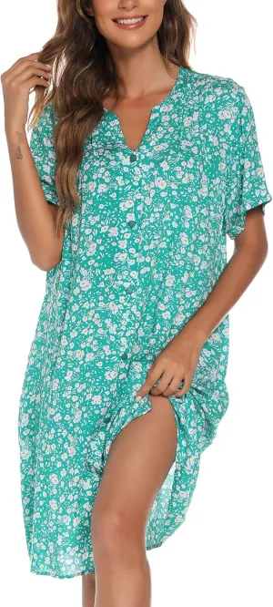 YOZLY House Dress Women Cotton Duster Robe Short Sleeve Housecoat Button Down Nightgown