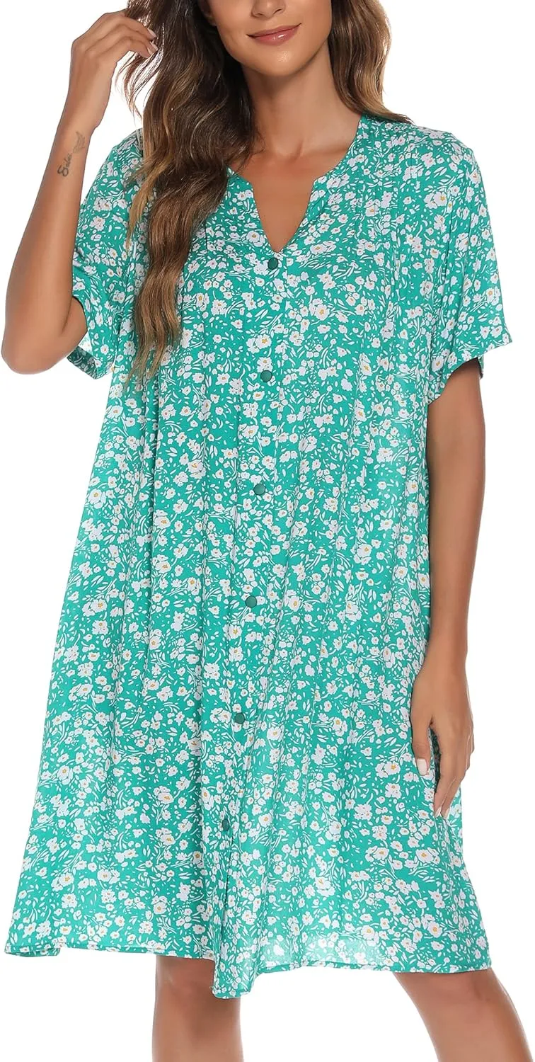 YOZLY House Dress Women Cotton Duster Robe Short Sleeve Housecoat Button Down Nightgown