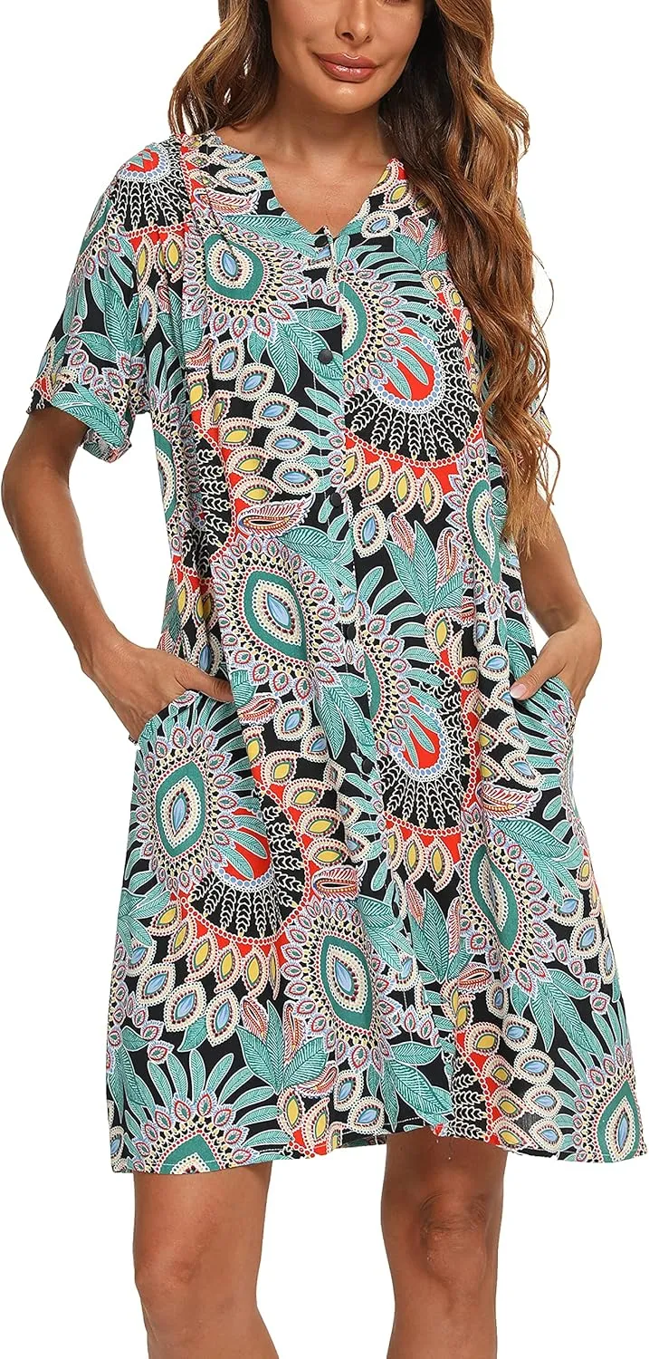YOZLY House Dress Women Cotton Duster Robe Short Sleeve Housecoat Button Down Nightgown