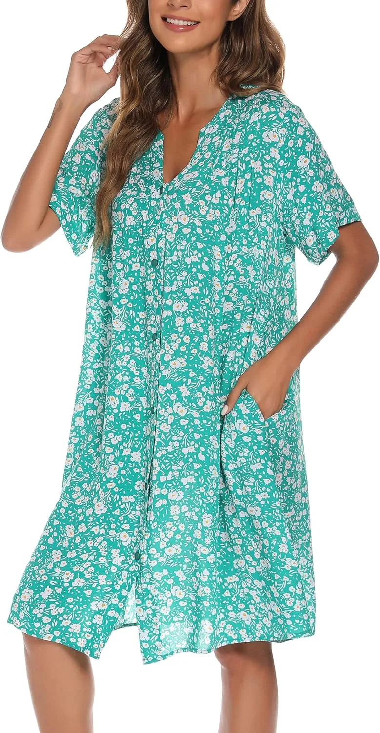 YOZLY House Dress Women Cotton Duster Robe Short Sleeve Housecoat Button Down Nightgown