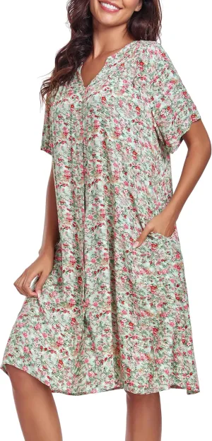 YOZLY House Dress Women Cotton Duster Robe Short Sleeve Housecoat Button Down Nightgown