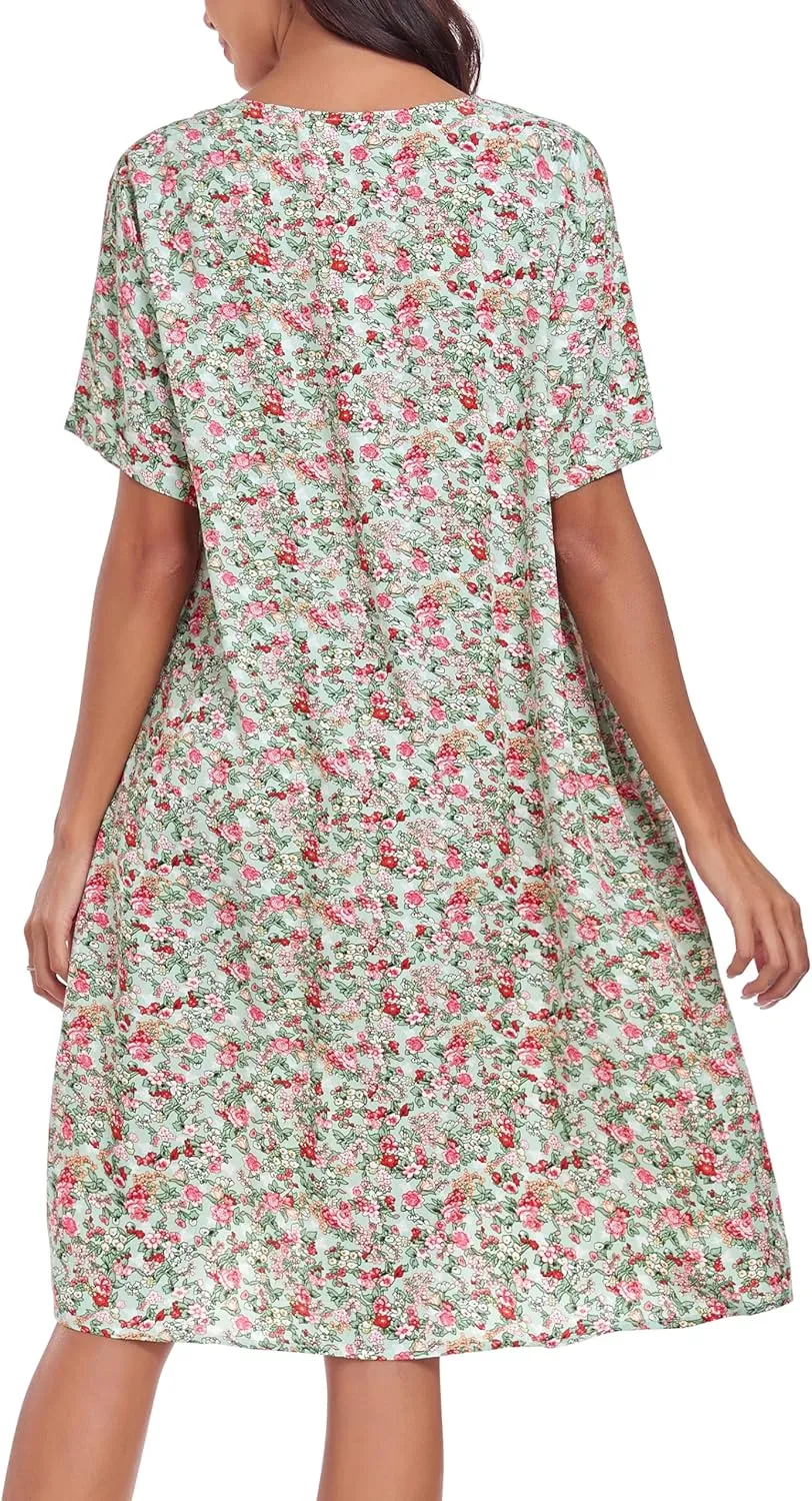 YOZLY House Dress Women Cotton Duster Robe Short Sleeve Housecoat Button Down Nightgown