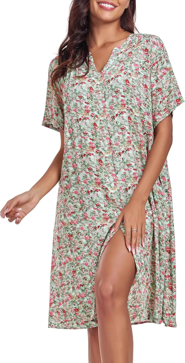 YOZLY House Dress Women Cotton Duster Robe Short Sleeve Housecoat Button Down Nightgown