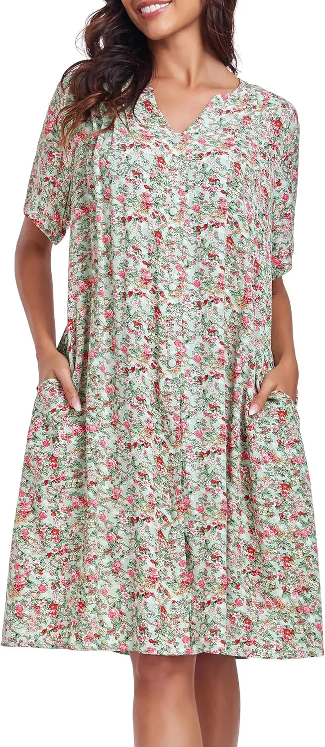 YOZLY House Dress Women Cotton Duster Robe Short Sleeve Housecoat Button Down Nightgown