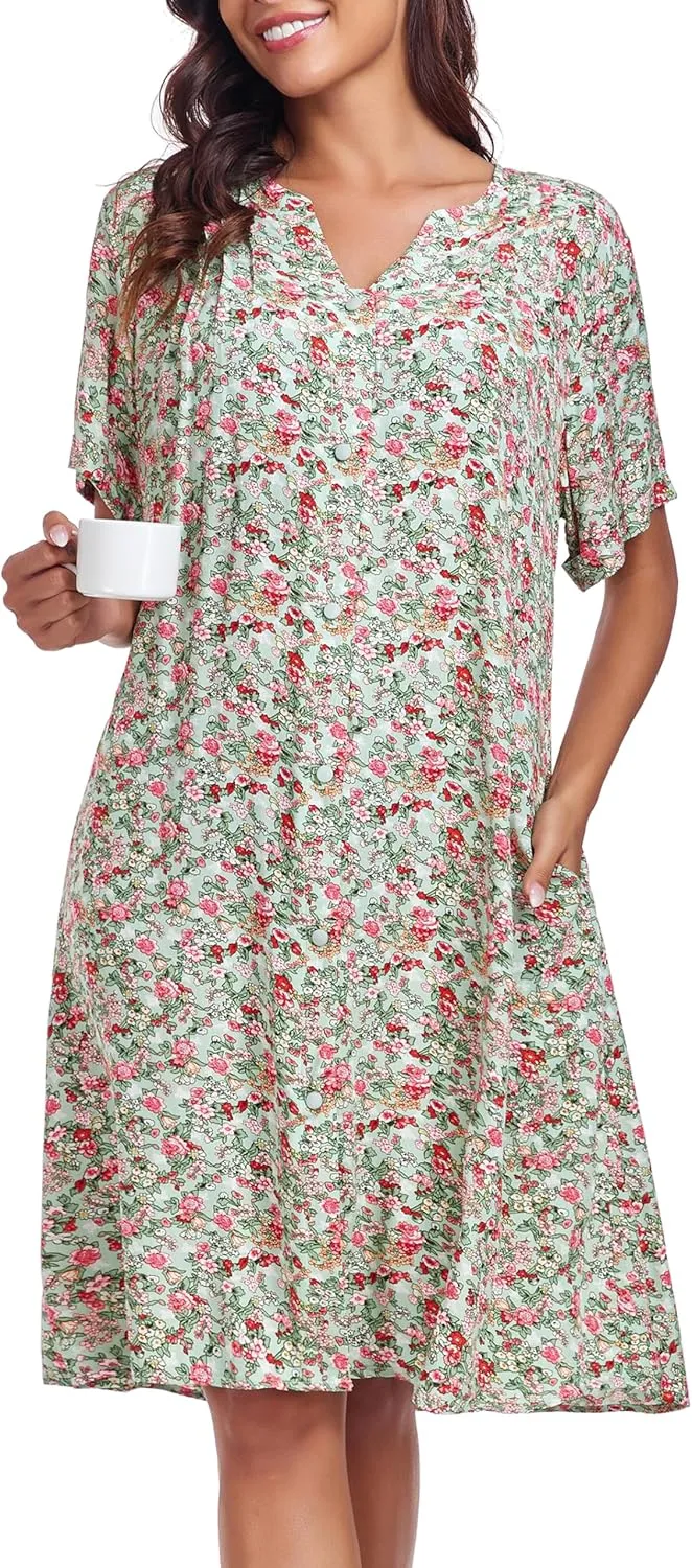YOZLY House Dress Women Cotton Duster Robe Short Sleeve Housecoat Button Down Nightgown