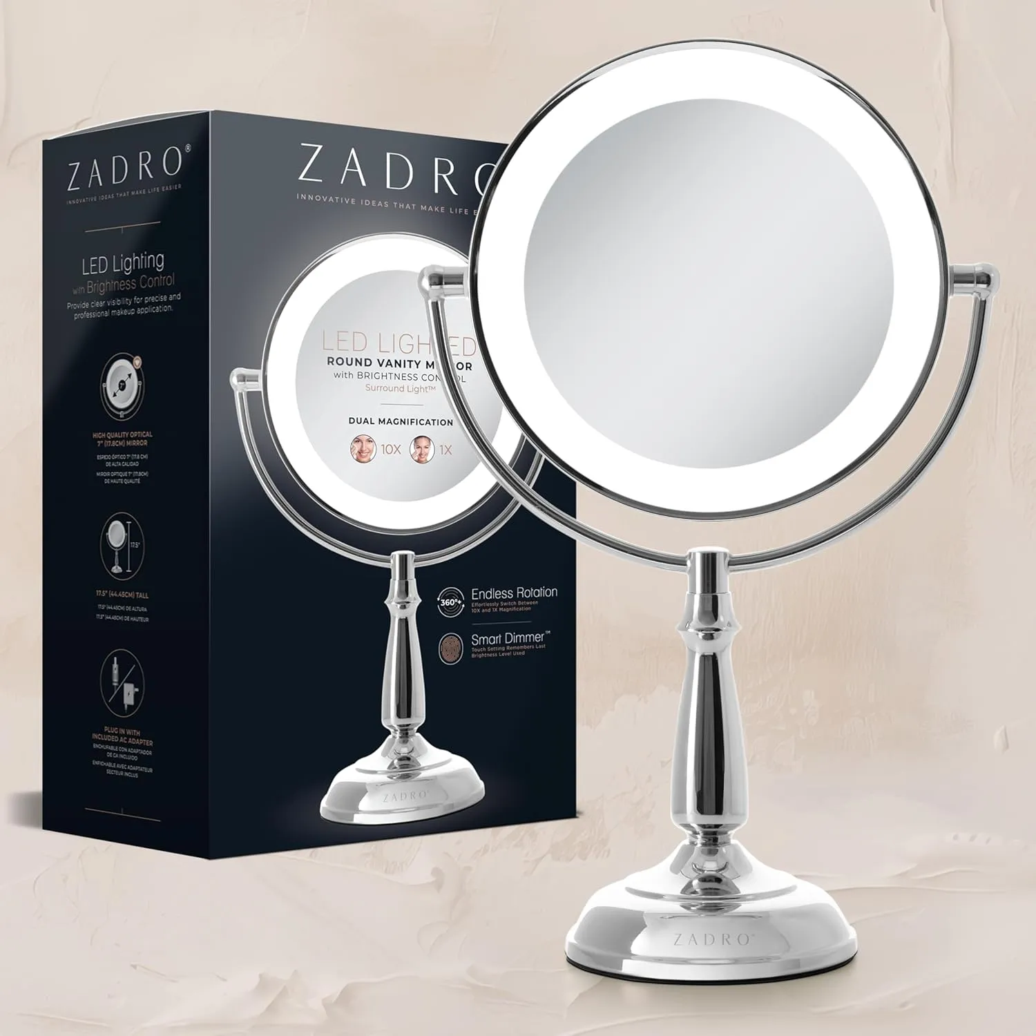 Zadro 11" Makeup Mirror with Lights and Magnification Dimmable Touch LED Lighted Makeup Mirror with Magnification (Large | 11" x 17" | 10X/1X, Chrome)