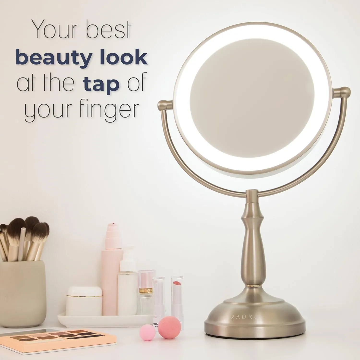 Zadro 11" Makeup Mirror with Lights and Magnification Dimmable Touch LED Lighted Makeup Mirror with Magnification (Large | 11" x 17" | 10X/1X, Chrome)