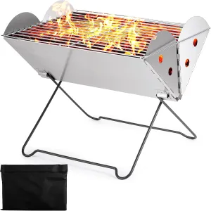 ZONETECH Portable Camping Stainless-Steel Grill and Fire Pit, Tabletop Charcoal Grill, Flatpack Foldable, Premium Quality, Versatile Use, Traveling BBQ Grill, Great for Camping, Hiking, Picnics